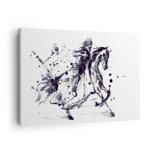 Tablou pe pânză Canvas - Acuarelă alb-negru a unui călăreț pe un cal în galop - 70x50cm - Cavalerul negru - Decorațiune modernă pentru perete pentru living și dormitor ARTTOR