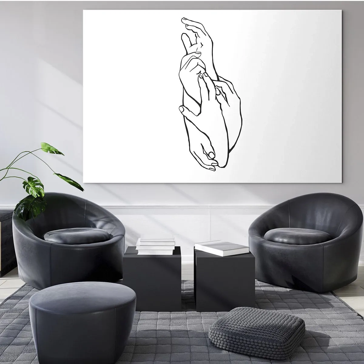 Tablou pe sticlă - Un desen liniar subtil al mâinilor împreunate pe un fundal alb. - 70x50cm - Atingere bună - Decorațiune modernă pentru perete pentru living și dormitor ARTTOR
