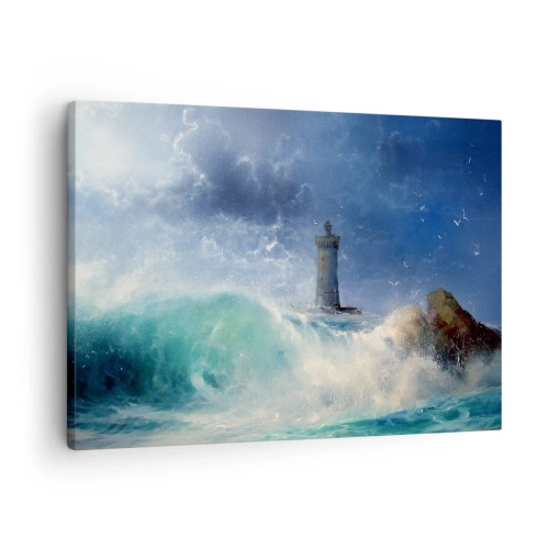 Tablou pe pânză Canvas - Un far înconjurat de valuri agitate și nori - 70x50cm - La veghe împotriva elementelor - Decorațiune modernă pentru perete pentru living și dormitor ARTTOR