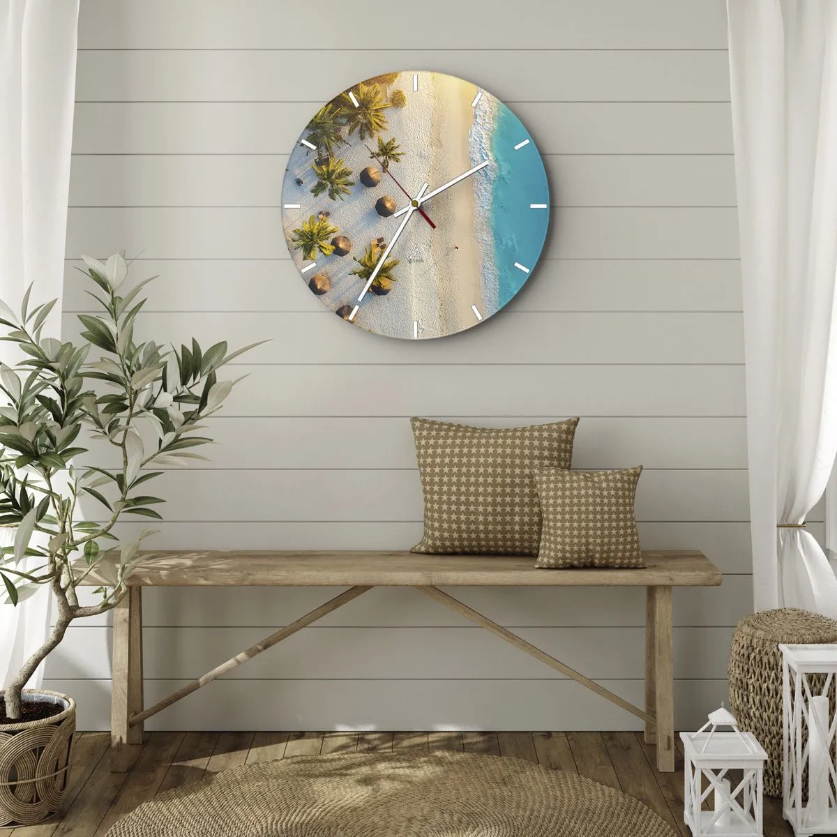 Ceas de perete - Ceas pe sticlă - Vedere de sus a plajei cu palmieri și mare turcoaz - 30x30cm - Bun venit în paradis - Decorațiune modernă pentru perete pentru living, bucătărie și dormitor ARTTOR