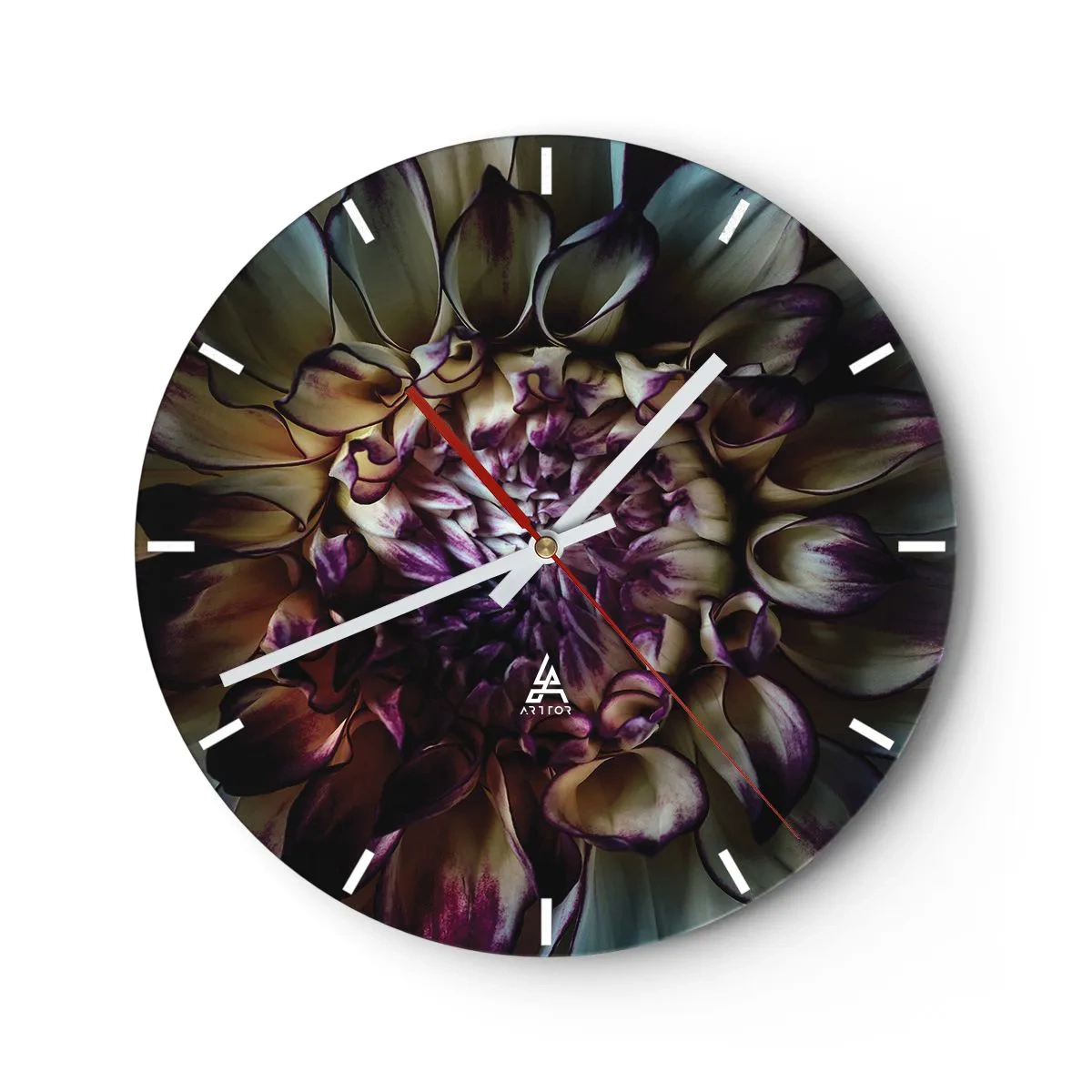 Ceas de perete - Ceas pe sticlă - Prim-plan al petalelor de flori în nuanțe închise - 30x30cm - Înflorirea tinereții - Decorațiune modernă pentru perete pentru living, bucătărie și dormitor ARTTOR