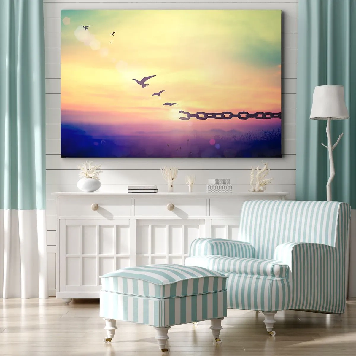 Tablou pe pânză Canvas - Simbol al libertății cu păsări și un lanț rupt - 70x50cm - Victoria libertății - Decorațiune modernă pentru perete pentru living și dormitor ARTTOR