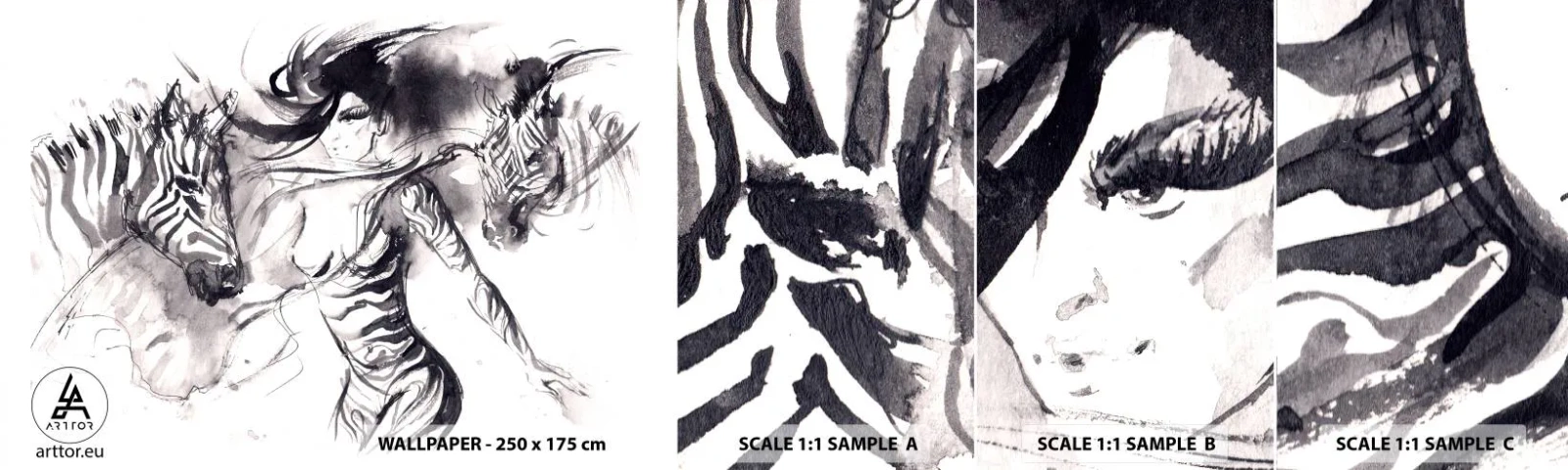 Mostră de Tapet Standard Eco - Dansând cu zebrele - Abstracția, Femeie, Coaste - 100x30 cm