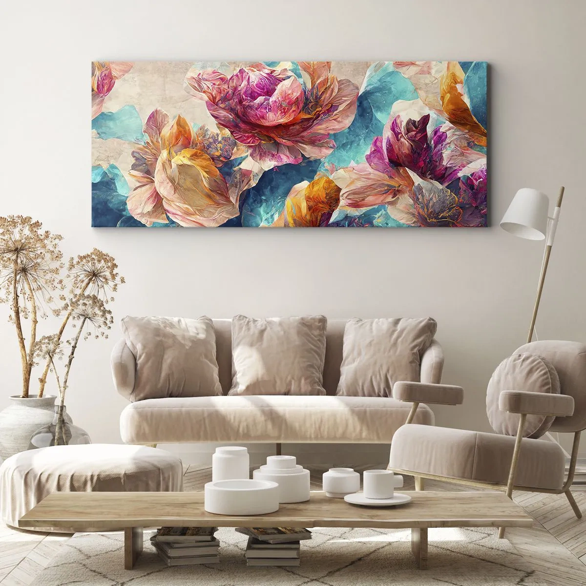 Tablou pe pânză - Splendoarea colorată a buchetului de flori - 100x40 cm