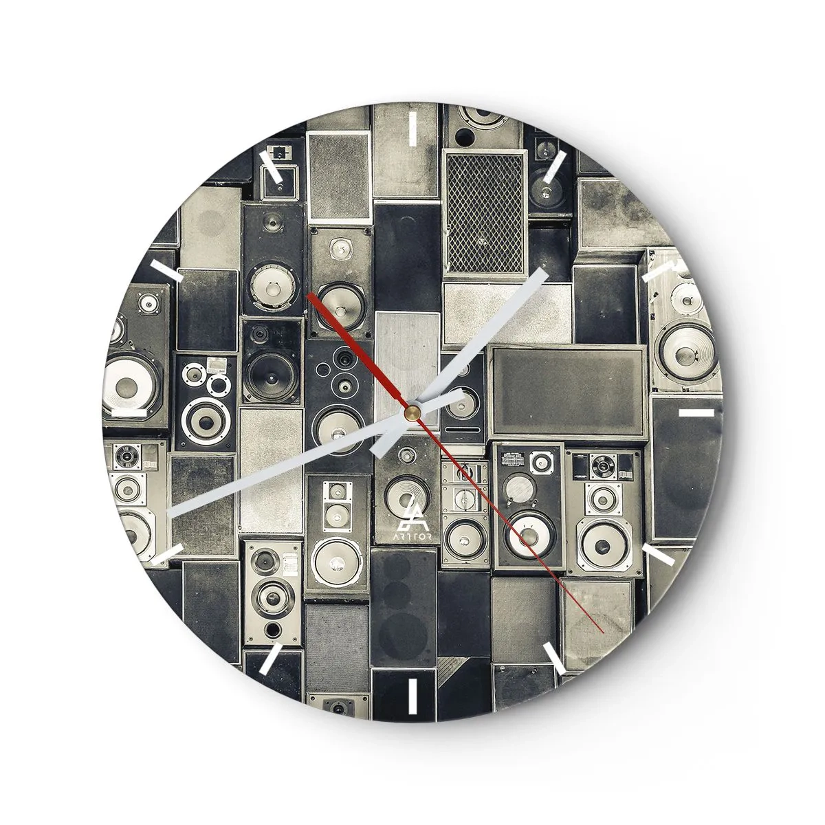 Ceas de perete - Ceas pe sticlă - Set de boxe în stil retro - 30x30cm - Și totul este în regulă - Decorațiune modernă pentru perete pentru living, bucătărie și dormitor ARTTOR