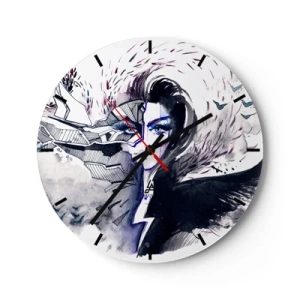 Ceas de perete - Ceas pe sticlă - Portret abstract al unei femei cu motiv demon și fulgere - 30x30cm - Demonică și frumoasă - Decorațiune modernă pentru perete pentru living, bucătărie și dormitor ARTTOR