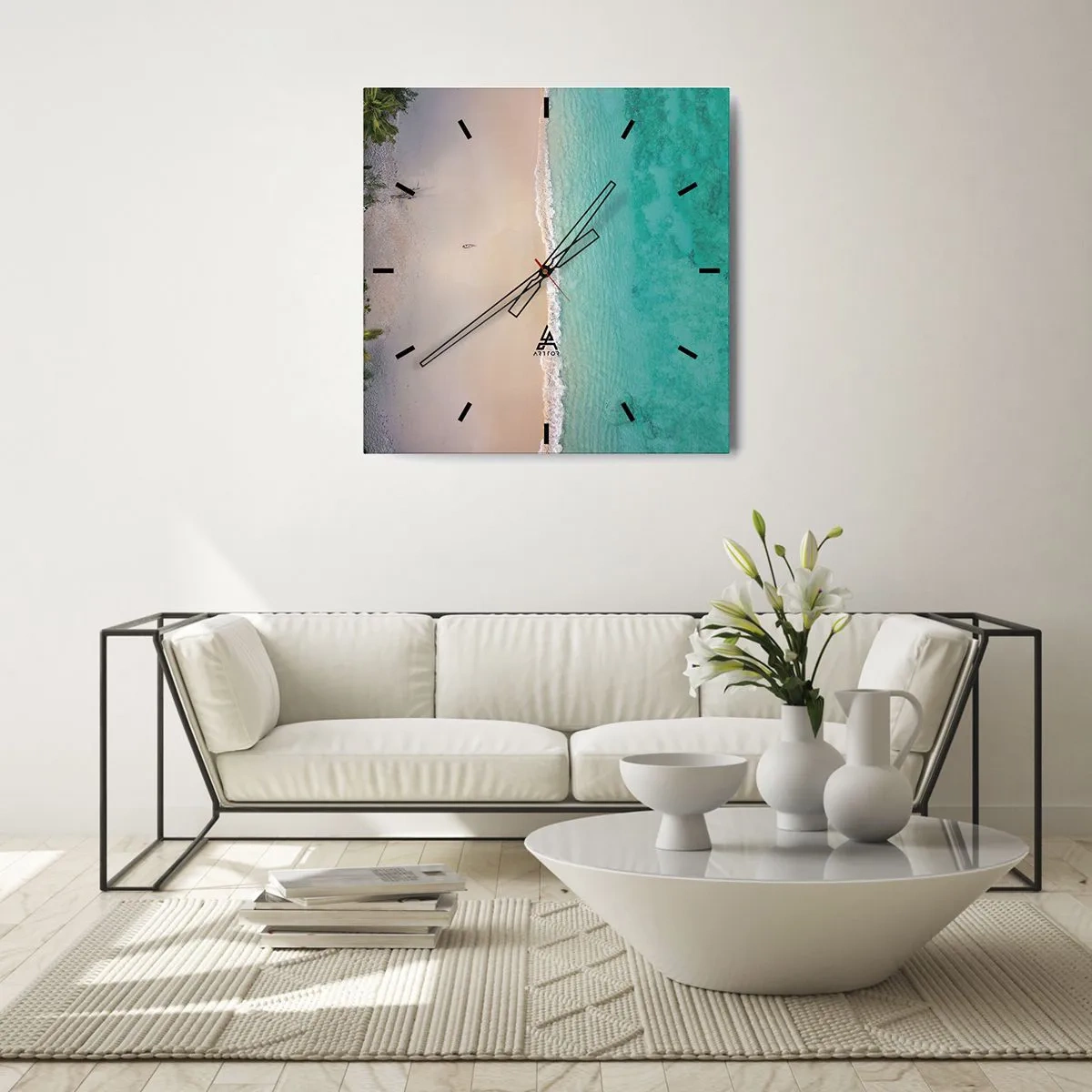 Ceas de perete - Ceas pe sticlă - Plaja din paradis - 40x40 cm