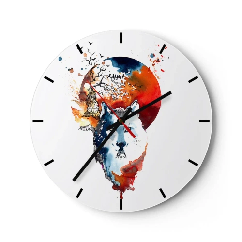 Ceas de perete - Ceas pe sticlă - Acuarelă cu un lup cu un apus de soare în fundal - 30x30cm - Bot în bot cu noaptea - Decorațiune modernă pentru perete pentru living, bucătărie și dormitor ARTTOR