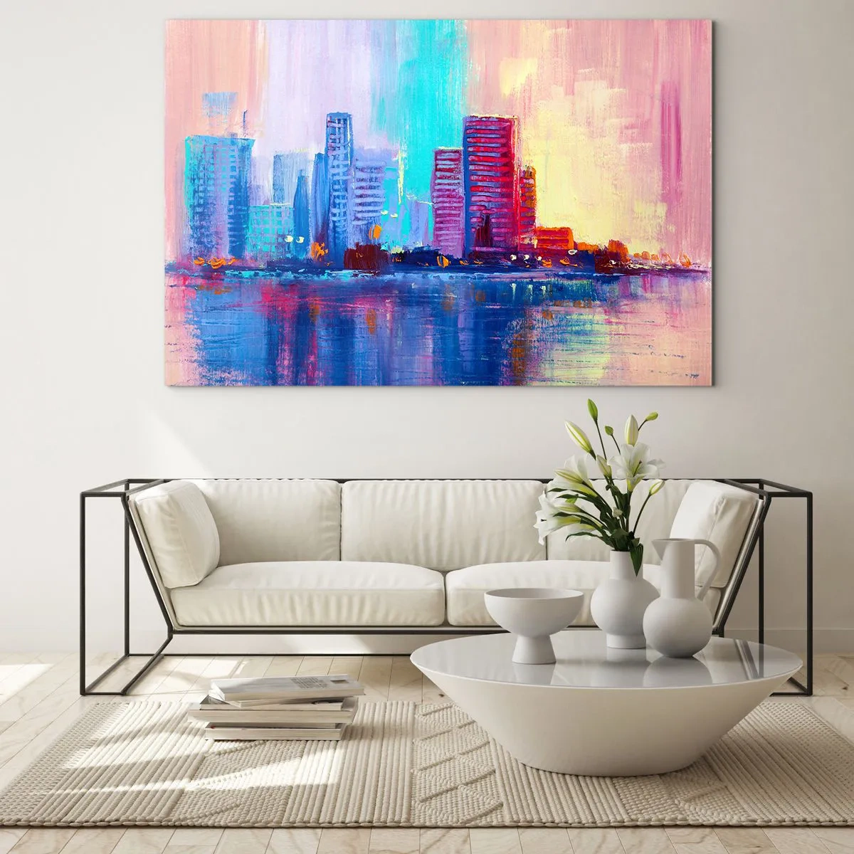 Tablou pe sticlă - Un oraș modern în culori intense reflectate în apă - 70x50cm - Scăldate în culoare - Decorațiune modernă pentru perete pentru living și dormitor ARTTOR