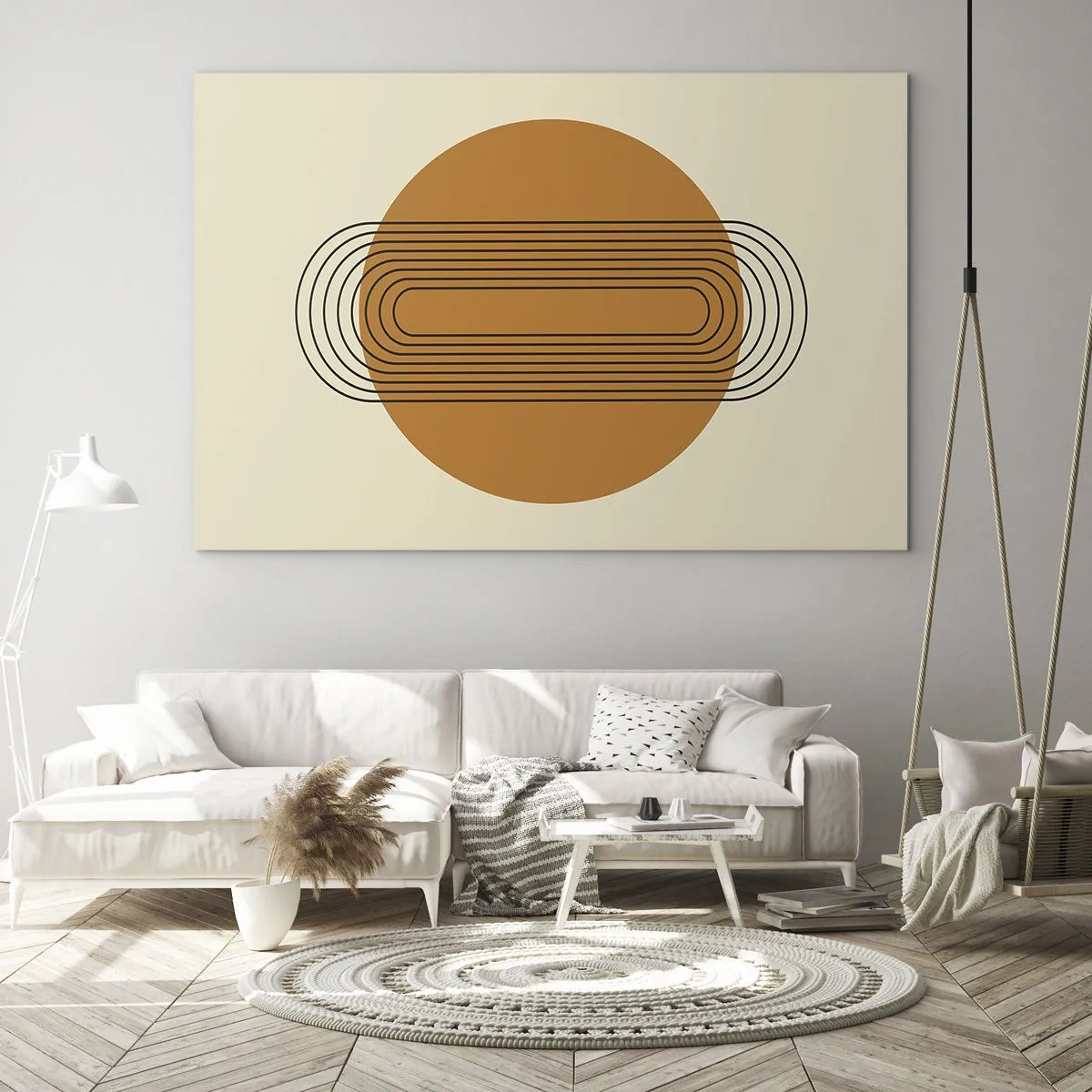 Tablou pe sticlă - Abstracție geometrică cu cercuri și linii - 70x50cm - Planul perfect - Decorațiune modernă pentru perete pentru living și dormitor ARTTOR