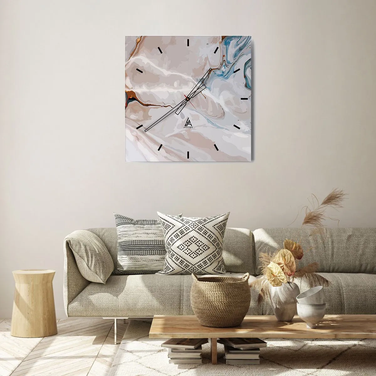 Ceas de perete - Ceas pe sticlă - Meandre albastre sub alb - 30x30 cm