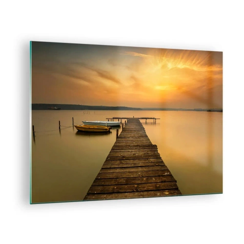 Tablou pe sticlă - Dig pe lac la apus cu o barcă - 70x50cm - Îți voi deschide cerul de aur - Decorațiune modernă pentru perete pentru living și dormitor ARTTOR