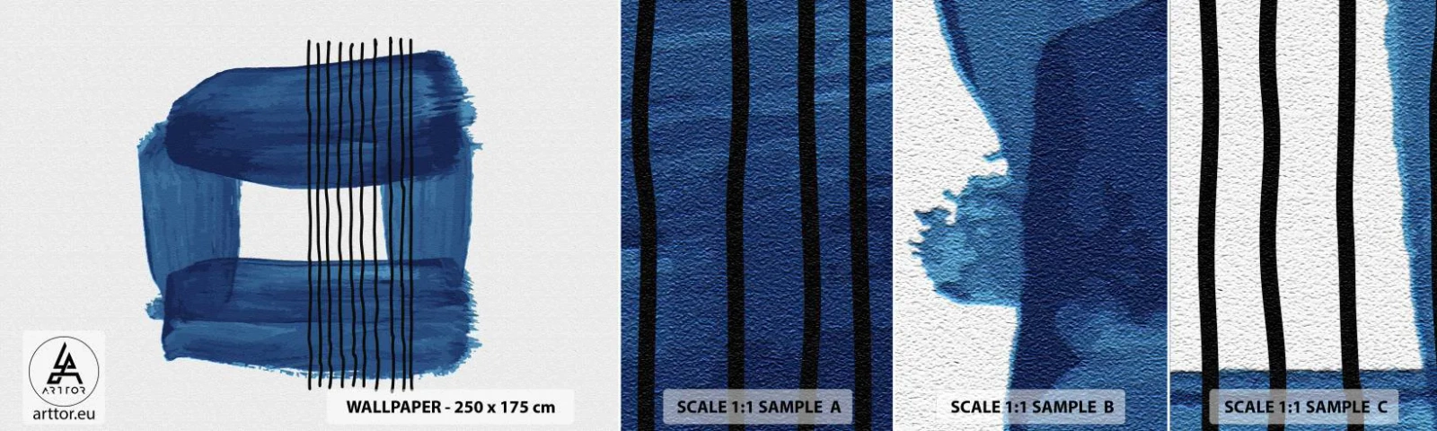 Mostră tapet autocolant Deluxe Sticker - Compoziție albastru-negru - Abstracția, Bucată, Artă Modernă - 100x30 cm