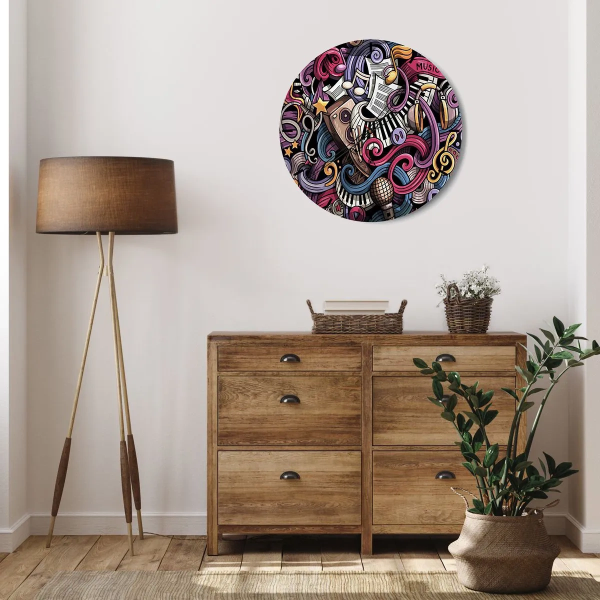 Ceas de perete - Ceas pe sticlă - Compoziție abstractă de motive și instrumente muzicale - 30x30cm - Melodie complicată - Decorațiune modernă pentru perete pentru living, bucătărie și dormitor ARTTOR