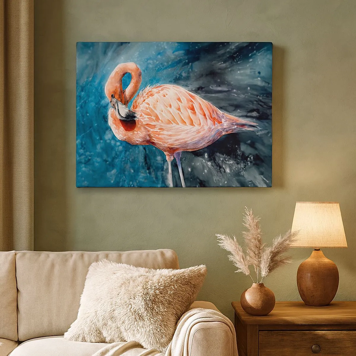 Tablou pe pânză Canvas - Un flamingo roz pe un fundal albastru acuarelă - 70x50cm - Decorativ prin natură - Decorațiune modernă pentru perete pentru living și dormitor ARTTOR