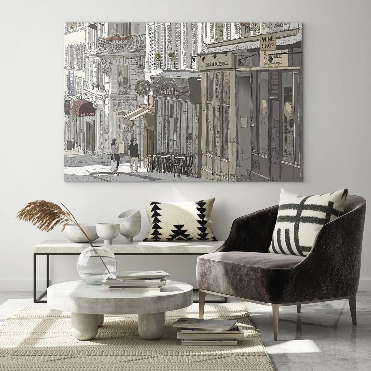 Tablou pe sticlă - O stradă cu cafenele în stil urban artistic - 70x50cm - Bucurii urbane - Decorațiune modernă pentru perete pentru living și dormitor ARTTOR