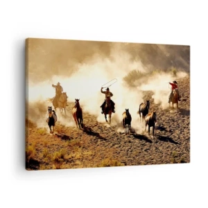Tablou pe pânză Canvas - Cowboy călare în acțiune pe terenul deșertic - 70x50cm - Un vest cu adevărat sălbatic - Decorațiune modernă pentru perete pentru living și dormitor ARTTOR