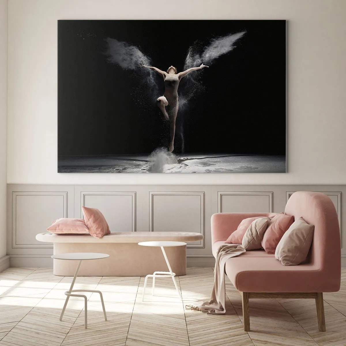 Tablou pe sticlă - O dansatoare în nori de pudră pe un fundal negru - 70x50cm - Elfii există - Decorațiune modernă pentru perete pentru living și dormitor ARTTOR