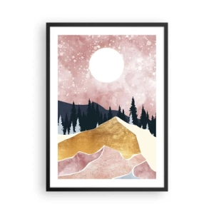 Poster în ramă neagră - Peisaj abstract cu pădure, munți și accente aurii - 50x70cm - Garda de noapte - Decorațiune modernă pentru perete pentru living și dormitor ARTTOR