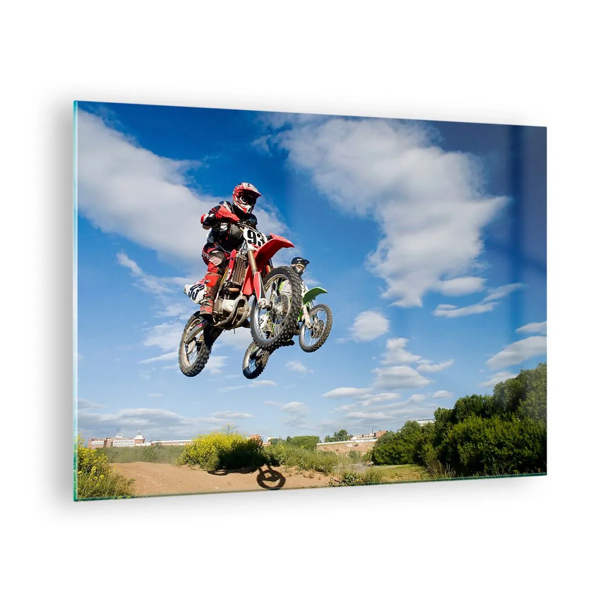 Tablou pe sticlă - Un motociclist în zbor pe un cer albastru - 70x50cm - Salt în cer - Decorațiune modernă pentru perete pentru living și dormitor ARTTOR