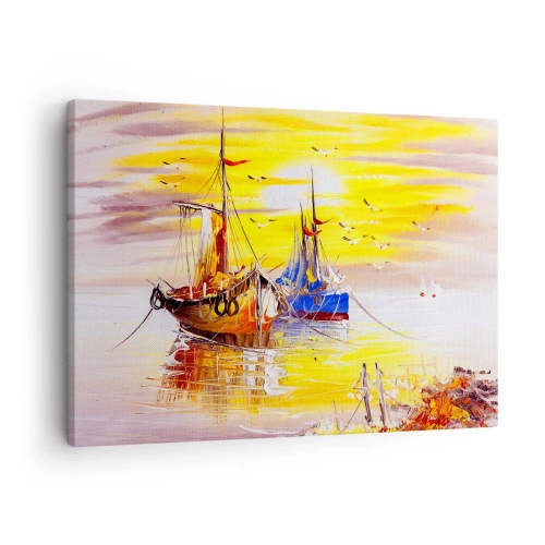 Tablou pe pânză Canvas - O scenă picturală cu bărci pe o mare calmă - 70x50cm - O binemeritată odihnă în port - Decorațiune modernă pentru perete pentru living și dormitor ARTTOR