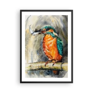 Poster în ramă neagră - Un leu de apă ținând un pește pe fundalul unui peisaj natural, în stil acuarelă. - 50x70cm - Legea naturii - Decorațiune modernă pentru perete pentru living și dormitor ARTTOR