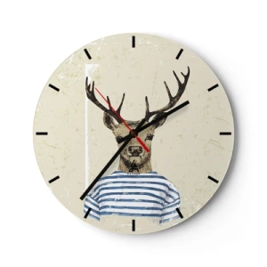Ceas de perete - Ceas pe sticlă - Un cerb de desene animate în haine cu dungi pe un fundal bej - 30x30cm - Pentru că îmi plac cămășile cu dungi! - Decorațiune modernă pentru perete pentru living, bucătărie și dormitor ARTTOR