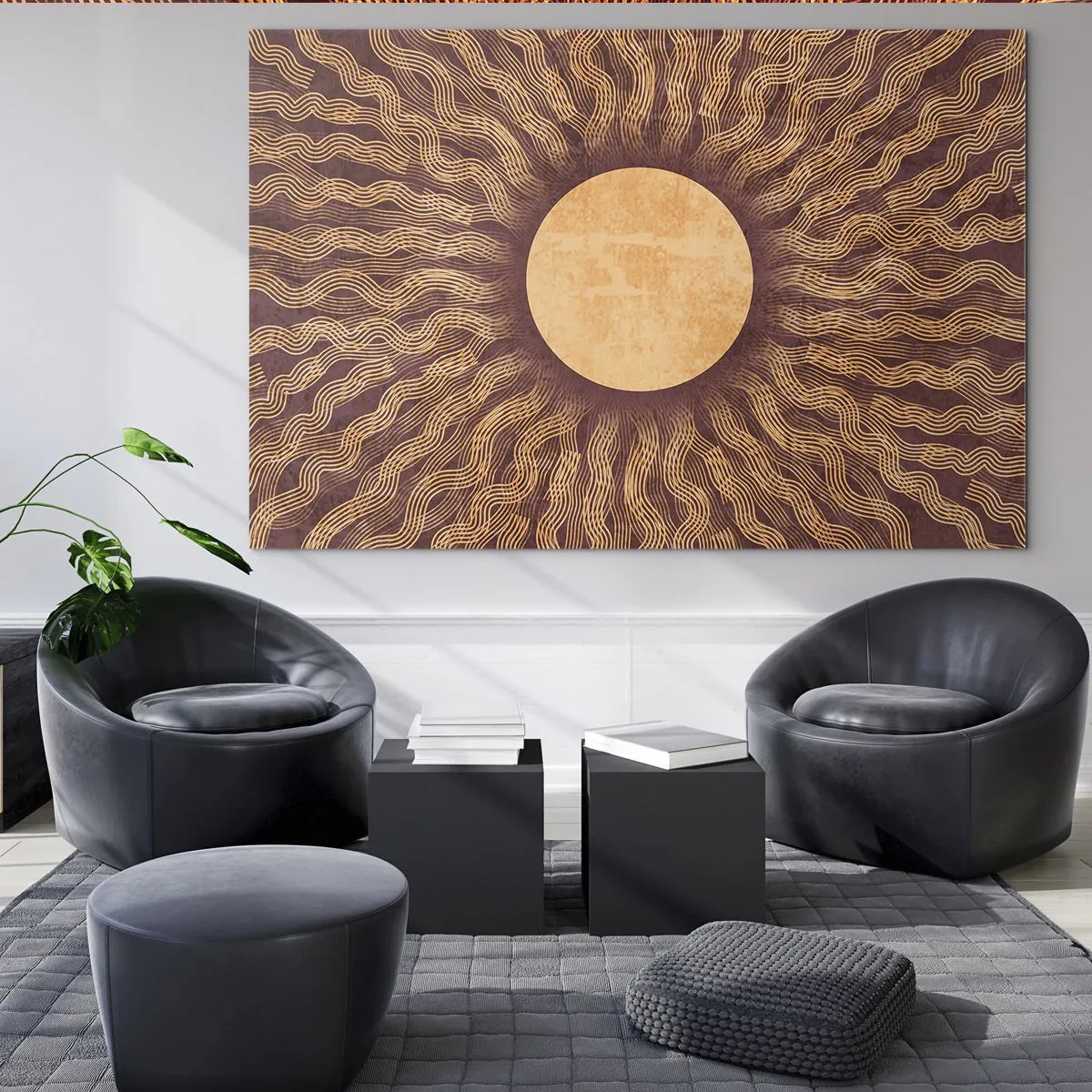Tablou pe sticlă - Un soare stilizat cu raze sub formă de linii ondulate pe un fundal maro. - 70x50cm - Icoana soarelui - Decorațiune modernă pentru perete pentru living și dormitor ARTTOR