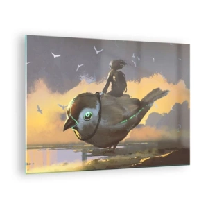 Tablou pe sticlă - O figură pe o pasăre uriașă în lumina soarelui care apune - 70x50cm - O oprire într-o călătorie fantastică - Decorațiune modernă pentru perete pentru living și dormitor ARTTOR