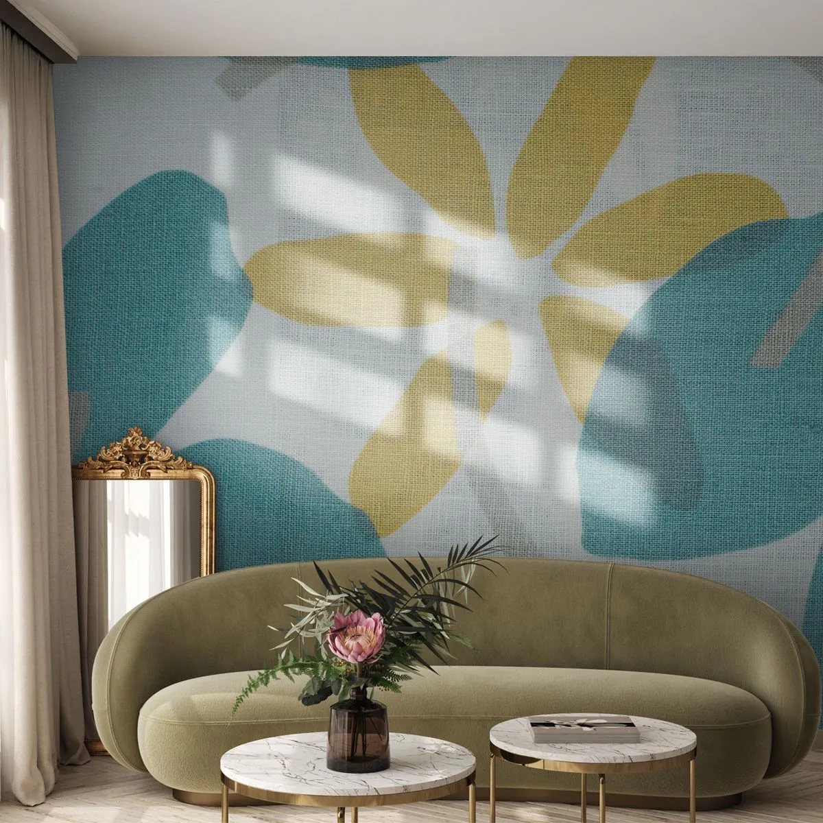 Tapet Premium Sand - Printre frunzele de azur - Boho, Flori, Minimalism - 300x210 cm