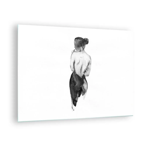 Tablou pe sticlă - Siluetă alb-negru a unei femei în stil acuarelă - 70x50cm - Cu ea lumea dispare - Decorațiune modernă pentru perete pentru living și dormitor ARTTOR