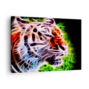 Tablou pe pânză Canvas - Portret artistic colorat al unui tigru într-un stil neon pe fundal negru. - 70x50cm - Aură amenințătoare - Decorațiune modernă pentru perete pentru living și dormitor ARTTOR