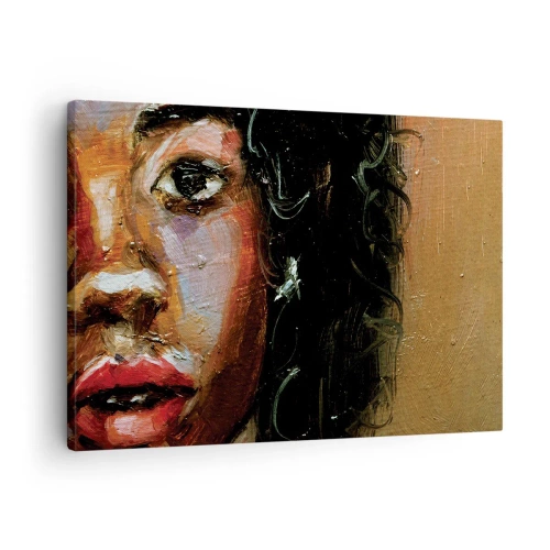 Tablou pe pânză Canvas - Un portret expresiv al unei femei în culori intense. - 70x50cm - Negru și strălucire - Decorațiune modernă pentru perete pentru living și dormitor ARTTOR