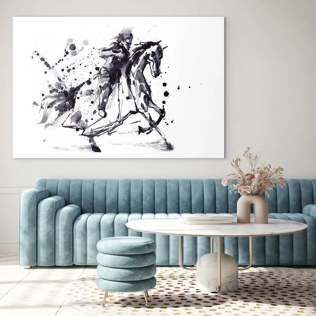 Tablou pe sticlă - Pictură alb-negru a unui călăreț pe un cal într-un stil abstract - 70x50cm - Cavalerul negru - Decorațiune modernă pentru perete pentru living și dormitor ARTTOR
