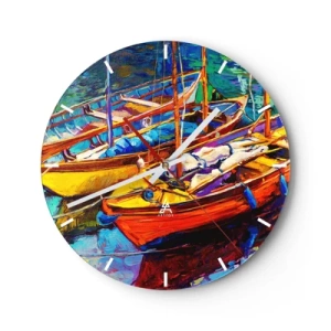 Ceas de perete - Ceas pe sticlă - Bărci colorate în port - 30x30cm - Pe o apă plină de culoare - Decorațiune modernă pentru perete pentru living, bucătărie și dormitor ARTTOR