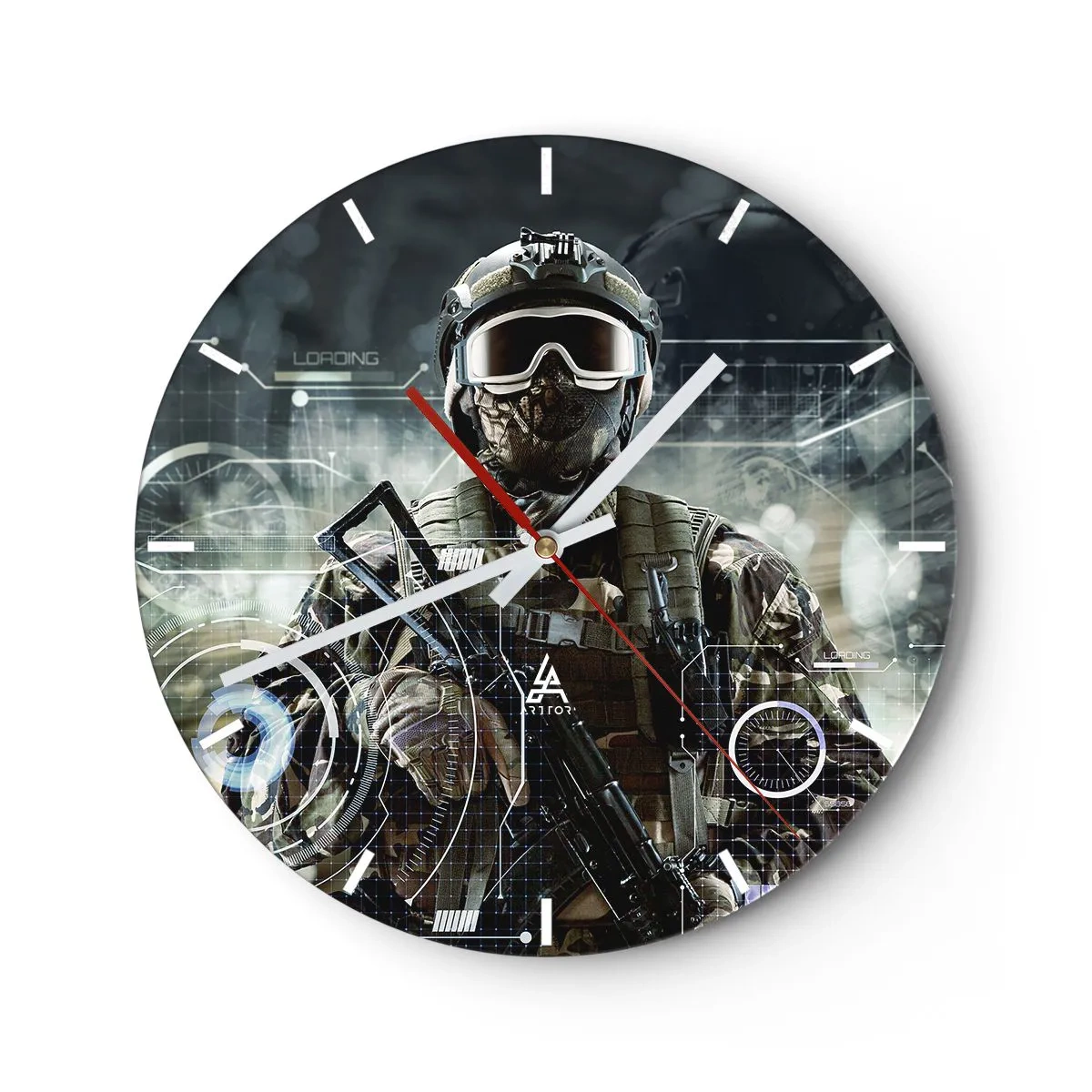 Ceas de perete - Ceas pe sticlă - Figura unui soldat în echipament modern pe fundalul graficii tehnologice - 30x30cm - Putere la putere - Decorațiune modernă pentru perete pentru living, bucătărie și dormitor ARTTOR
