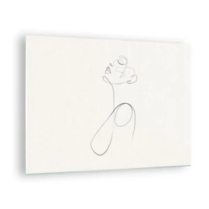 Tablou pe sticlă - Față și siluetă feminină în stil artistic liniar pe fundal alb - 70x50cm - Încâlcită în vise - Decorațiune modernă pentru perete pentru living și dormitor ARTTOR