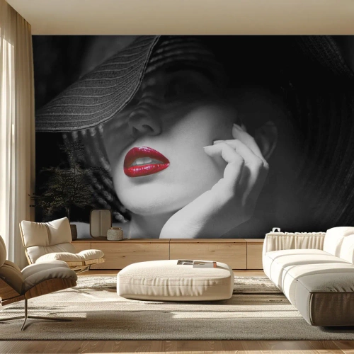 Tapet Premium Canvas - Studiu în stacojiu - Femeie, buze rosii, Modă - 400x280 cm