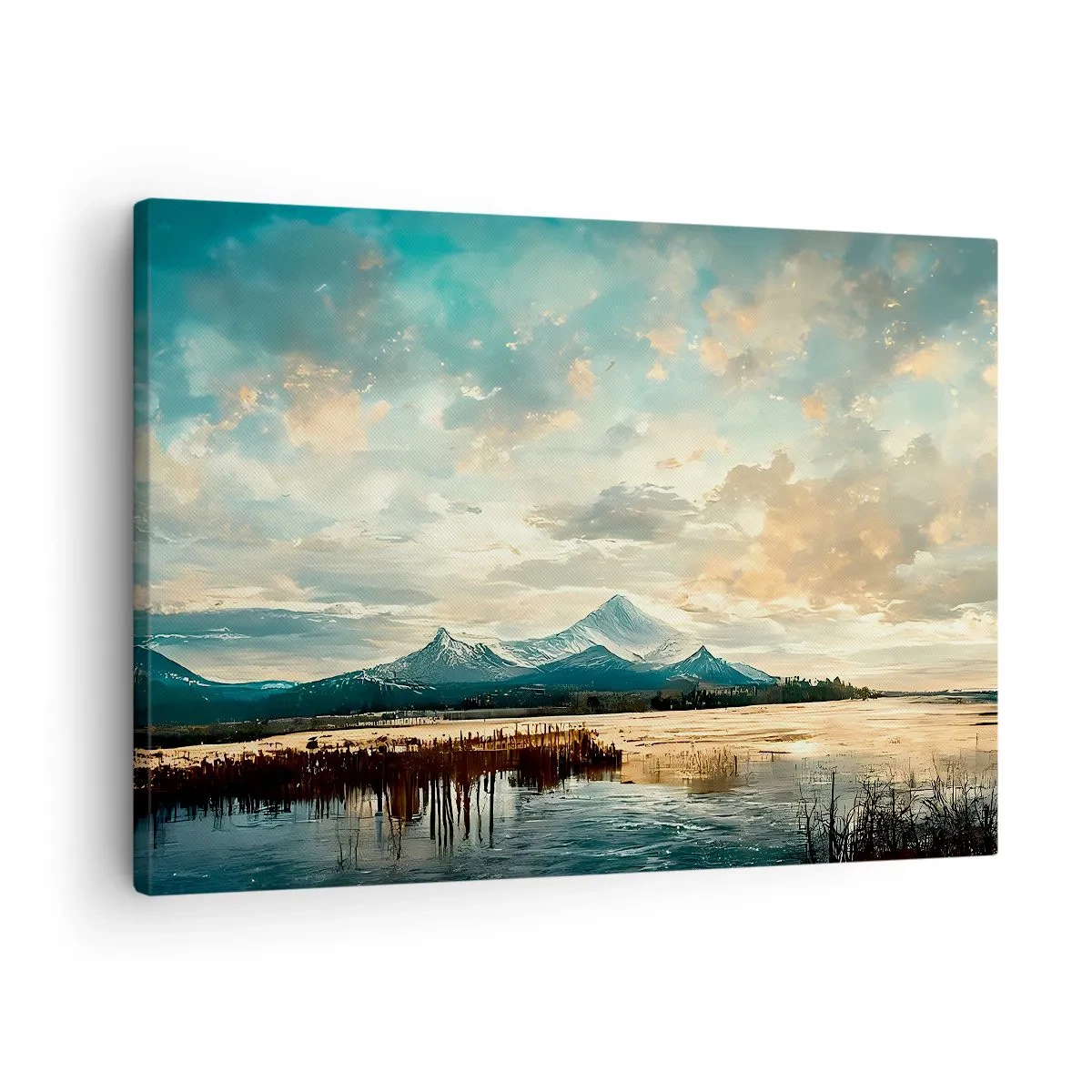 Tablou pe pânză Canvas - Un peisaj pitoresc cu un munte și un lac liniștit - 70x50cm - Sub protecția cerului - Decorațiune modernă pentru perete pentru living și dormitor ARTTOR