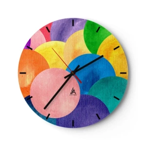 Ceas de perete - Ceas pe sticlă - Cercuri colorate în stil acuarelă pe un fundal deschis - 30x30cm - Plenitudinea originară a vieții - Decorațiune modernă pentru perete pentru living, bucătărie și dormitor ARTTOR