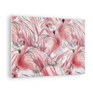 Tablou pe sticlă - Flamingi roz într-un stil decorativ de desene animate - 70x50cm - Corpul de balet al păsărilor - Decorațiune modernă pentru perete pentru living și dormitor ARTTOR
