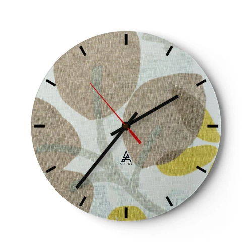 Ceas de perete - Ceas pe sticlă - Frunze pastelate și accente galbene pe un fundal texturat de in - 30x30cm - Compoziție în plin soare - Decorațiune modernă pentru perete pentru living, bucătărie și dormitor ARTTOR