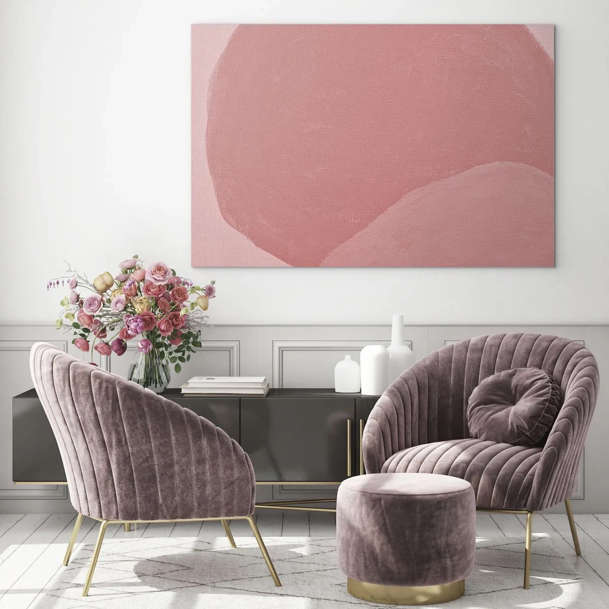 Tablou pe sticlă - O formă abstractă în nuanțe de roz și culori pastelate. - 70x50cm - Compoziție organică în roz - Decorațiune modernă pentru perete pentru living și dormitor ARTTOR