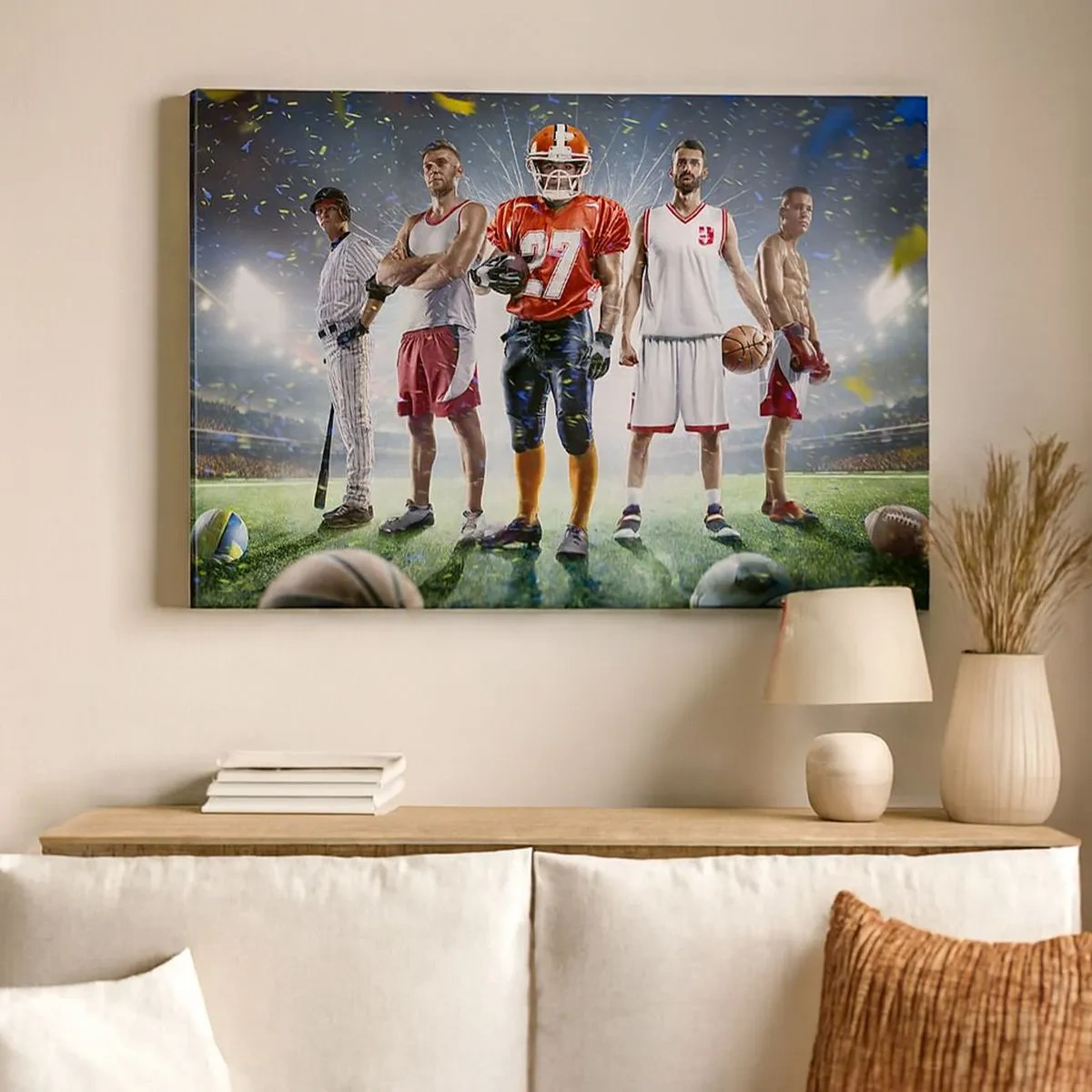 Tablou pe pânză Canvas - O scenă dinamică cu sportivi din diverse discipline pe stadion, sub lumina reflectoarelor - 70x50cm - Gladiatori ai terenului de joc - Decorațiune modernă pentru perete pentru living și dormitor ARTTOR