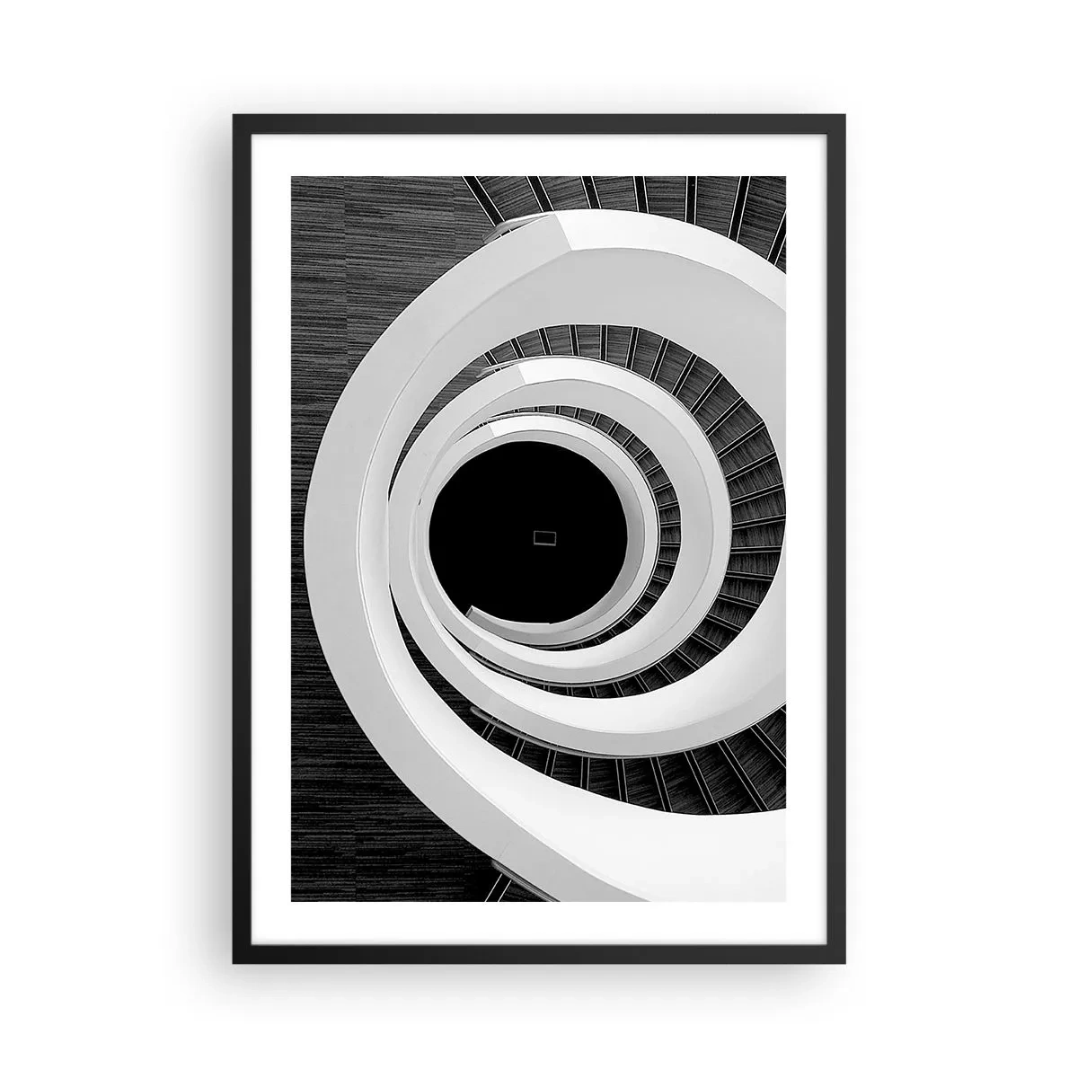 Poster în ramă neagră - O scară în spirală în alb și negru cu un design abstract - 50x70cm - Până la miez - Decorațiune modernă pentru perete pentru living și dormitor ARTTOR