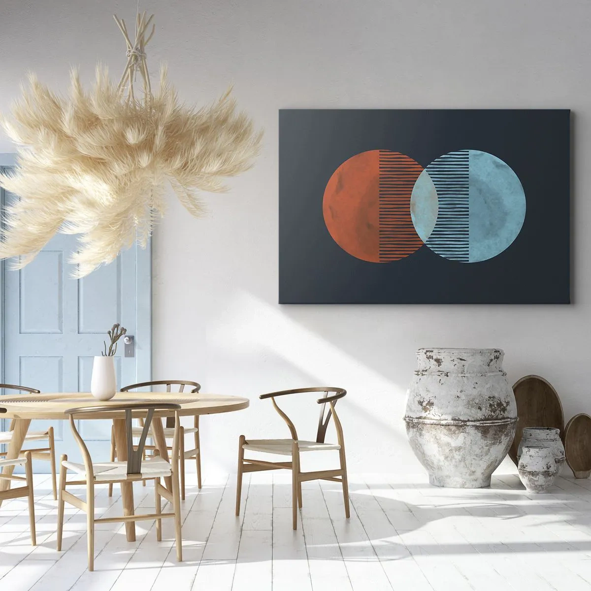 Tablou pe pânză Canvas - Două cercuri portocalii și albastre pe un fundal întunecat - 70x50cm - Fantezie astronomică - Decorațiune modernă pentru perete pentru living și dormitor ARTTOR