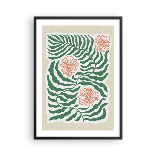 Poster în ramă neagră - Grafică abstractă cu frunze și flori pe un fundal bej - 50x70cm - Înflorite în verde - Decorațiune modernă pentru perete pentru living și dormitor ARTTOR