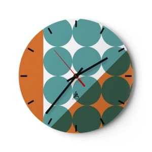 Ceas de perete - Ceas pe sticlă - Cercuri geometrice în nuanțe de verde și portocaliu - 30x30cm - Sus și pe diagonală - Decorațiune modernă pentru perete pentru living, bucătărie și dormitor ARTTOR