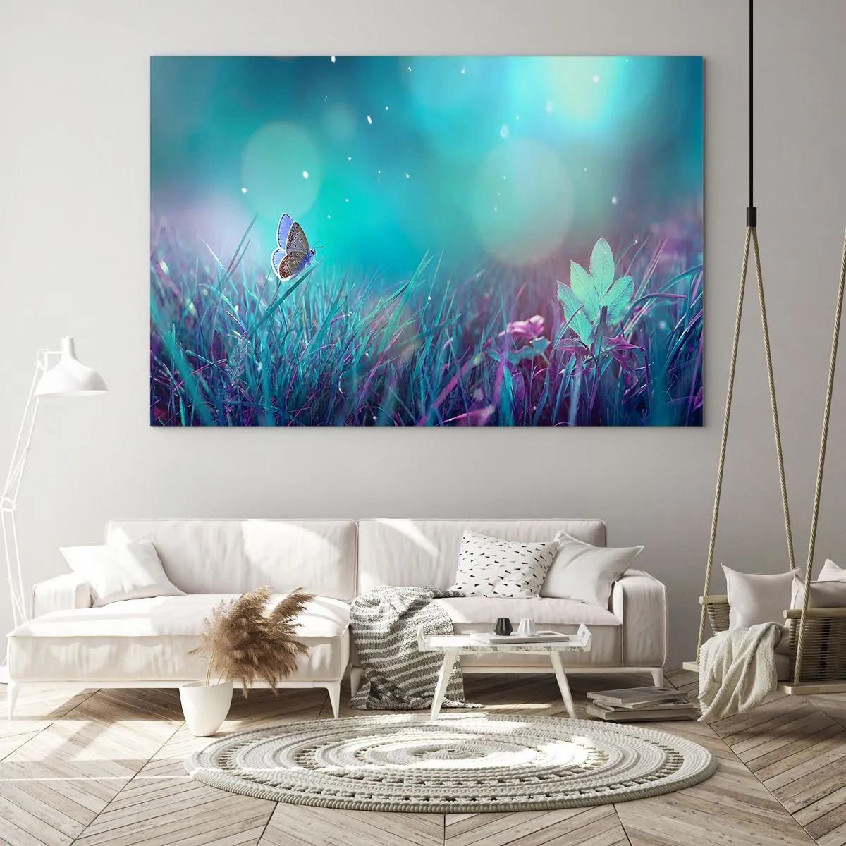 Tablou pe sticlă - Fluture pe iarbă în lumină pastelată - 70x50cm - Viața secretă a luncii - Decorațiune modernă pentru perete pentru living și dormitor ARTTOR