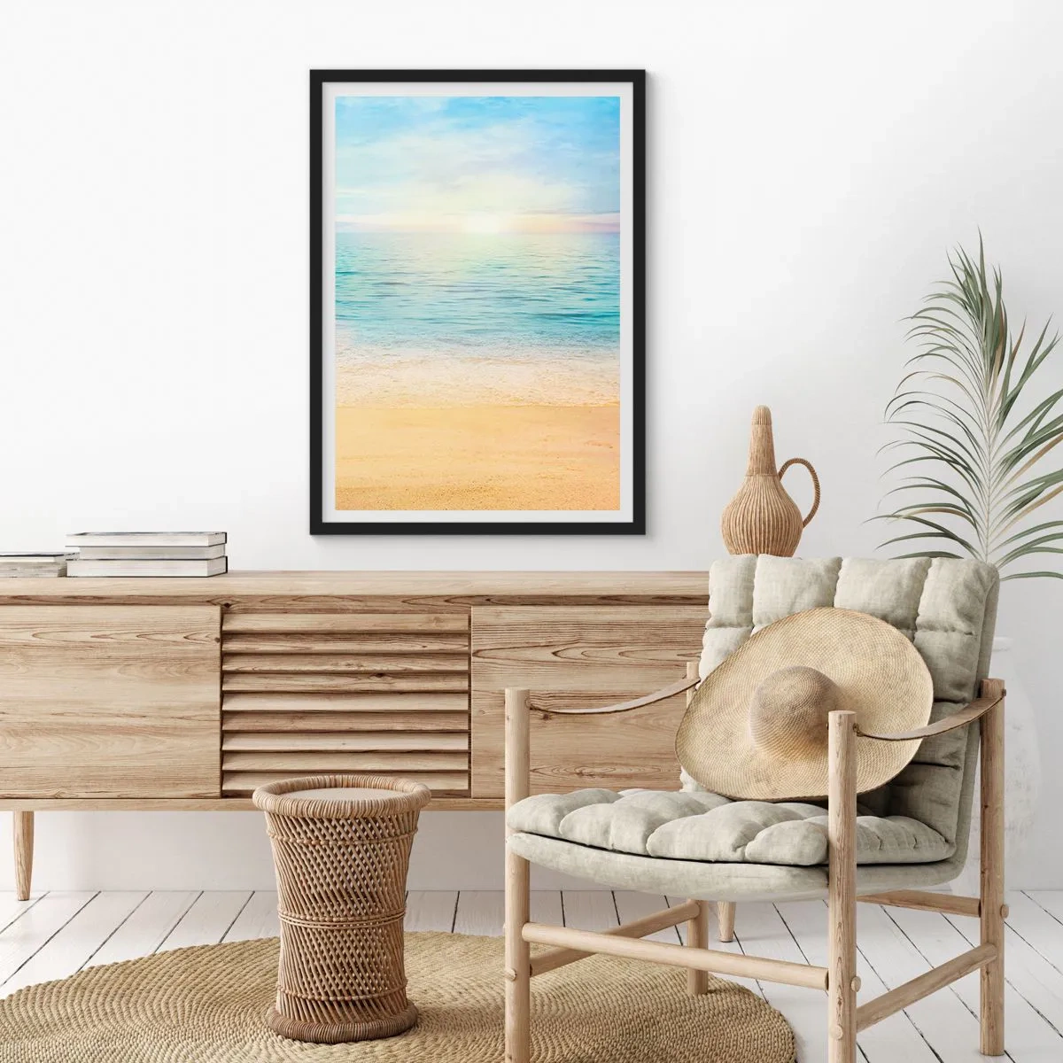 Poster în ramă neagră - Vedere liniștită a plajei și a mării la răsăritul soarelui - 50x70cm - Marele albastru - Decorațiune modernă pentru perete pentru living și dormitor ARTTOR